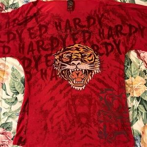 Vintage Y2K Ed Hardy Red Tiger Head Graphic Tee